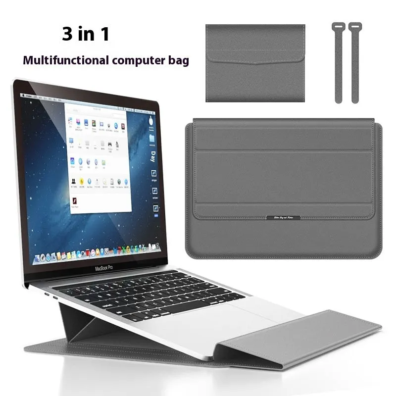 Three-in-one laptop bracket bag with wrist splint and storage liner for MacBook Pro Air, imitation leather and plush, black