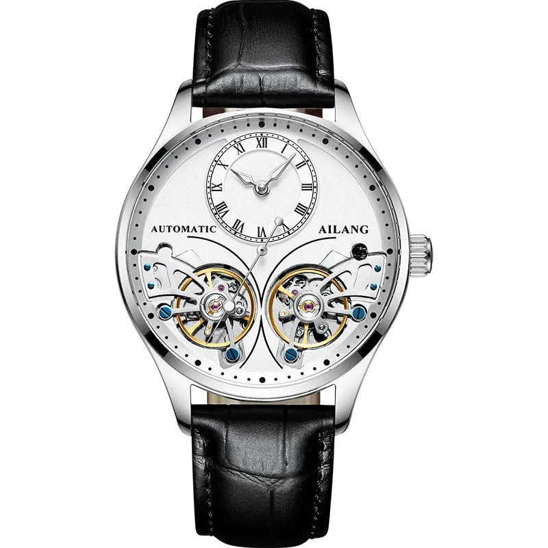 Men's automatic watch with tourbillon, moon phase, black steel case, and transparent back showing Seiko movement.