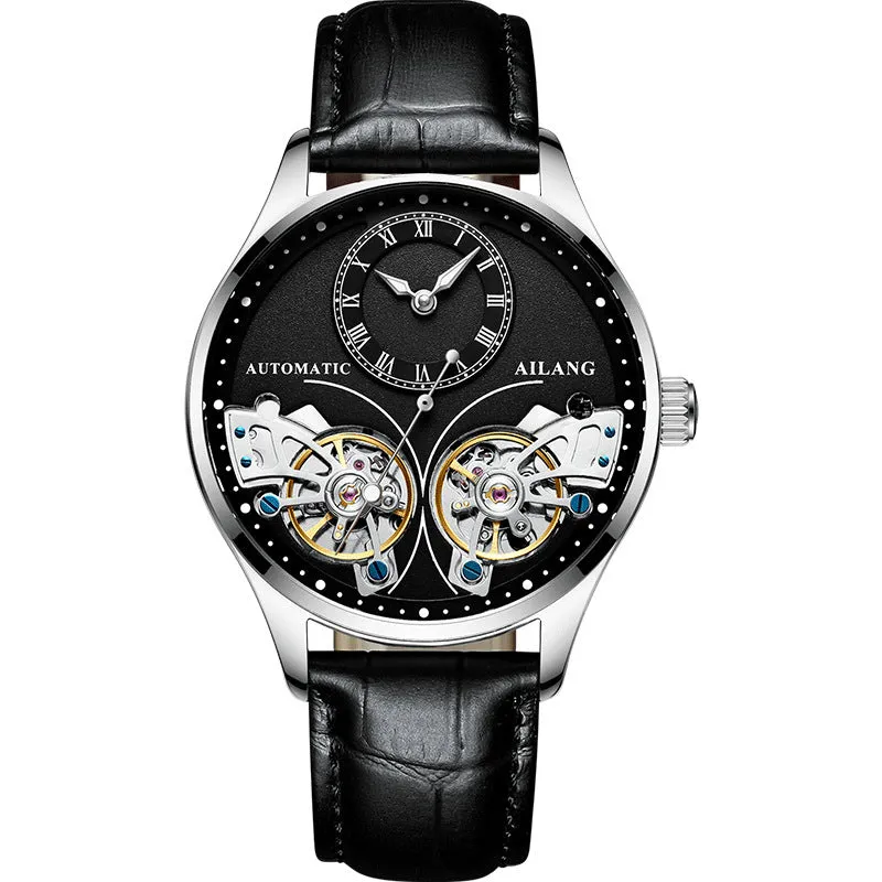 Men's automatic watch with tourbillon, moon phase, black steel case, and transparent back showing Seiko movement.