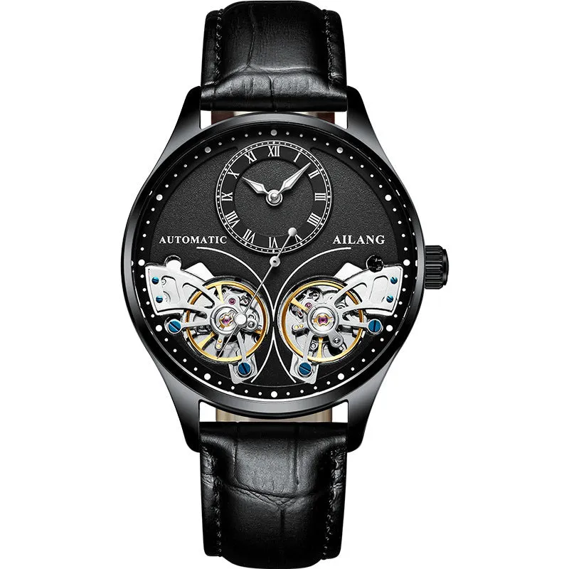 Men's automatic watch with tourbillon, moon phase, black steel case, and transparent back showing Seiko movement.