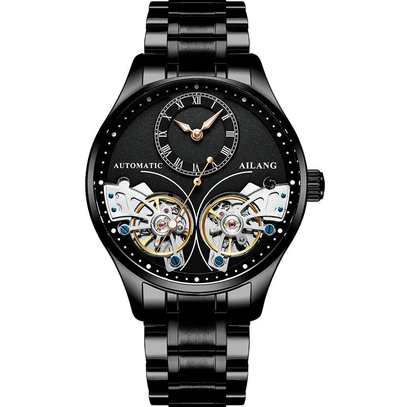 Men's automatic watch with tourbillon, moon phase, black steel case, and transparent back showing Seiko movement.