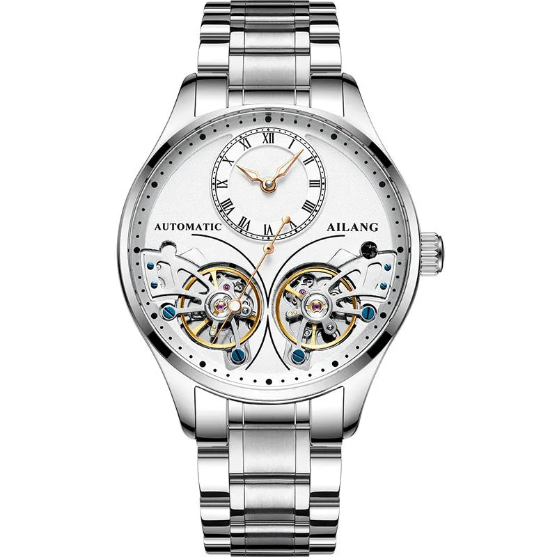Men's automatic watch with tourbillon, moon phase, black steel case, and transparent back showing Seiko movement.