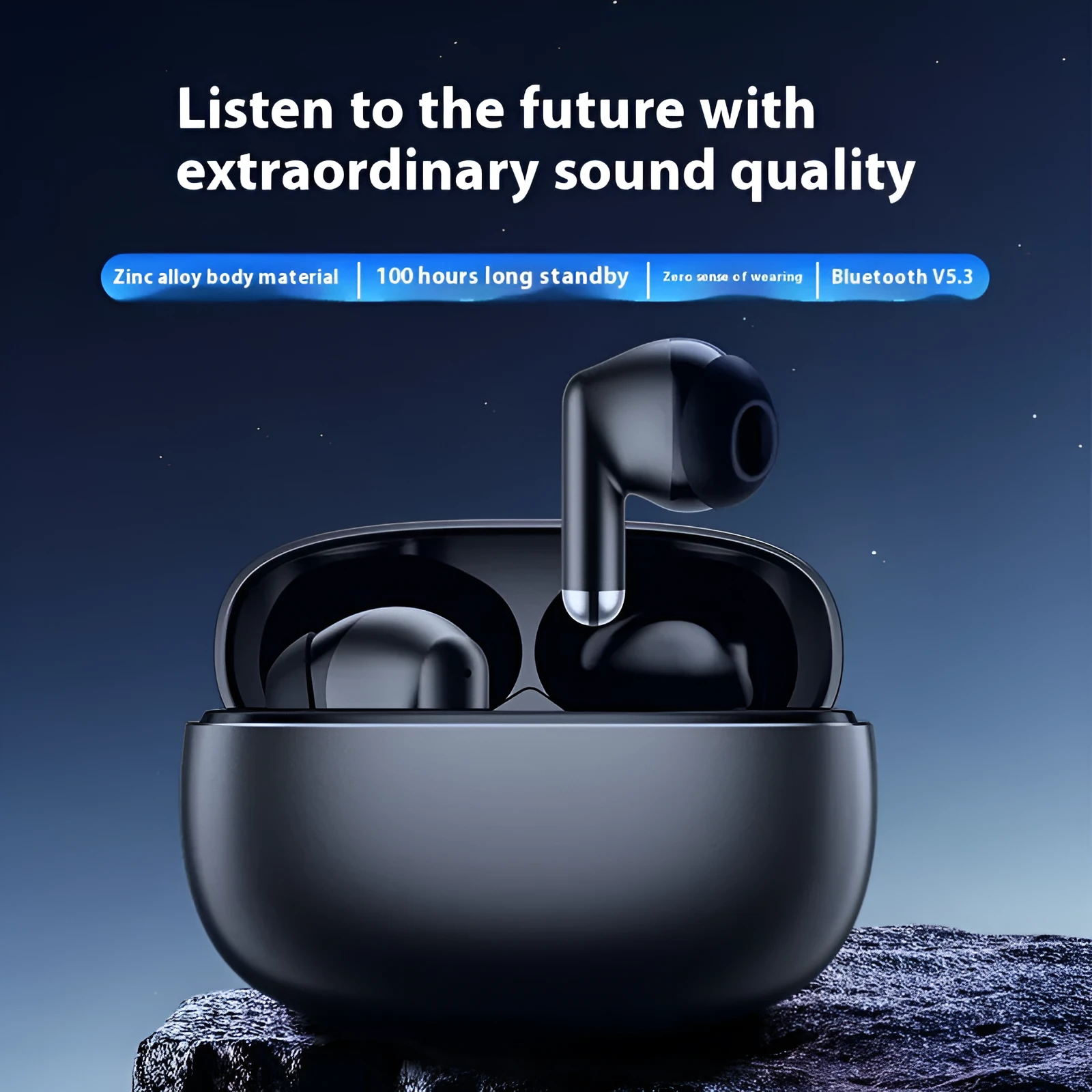 K50 Zinc Alloy Stereo Wireless Headset in black showing in-ear design and charging cable