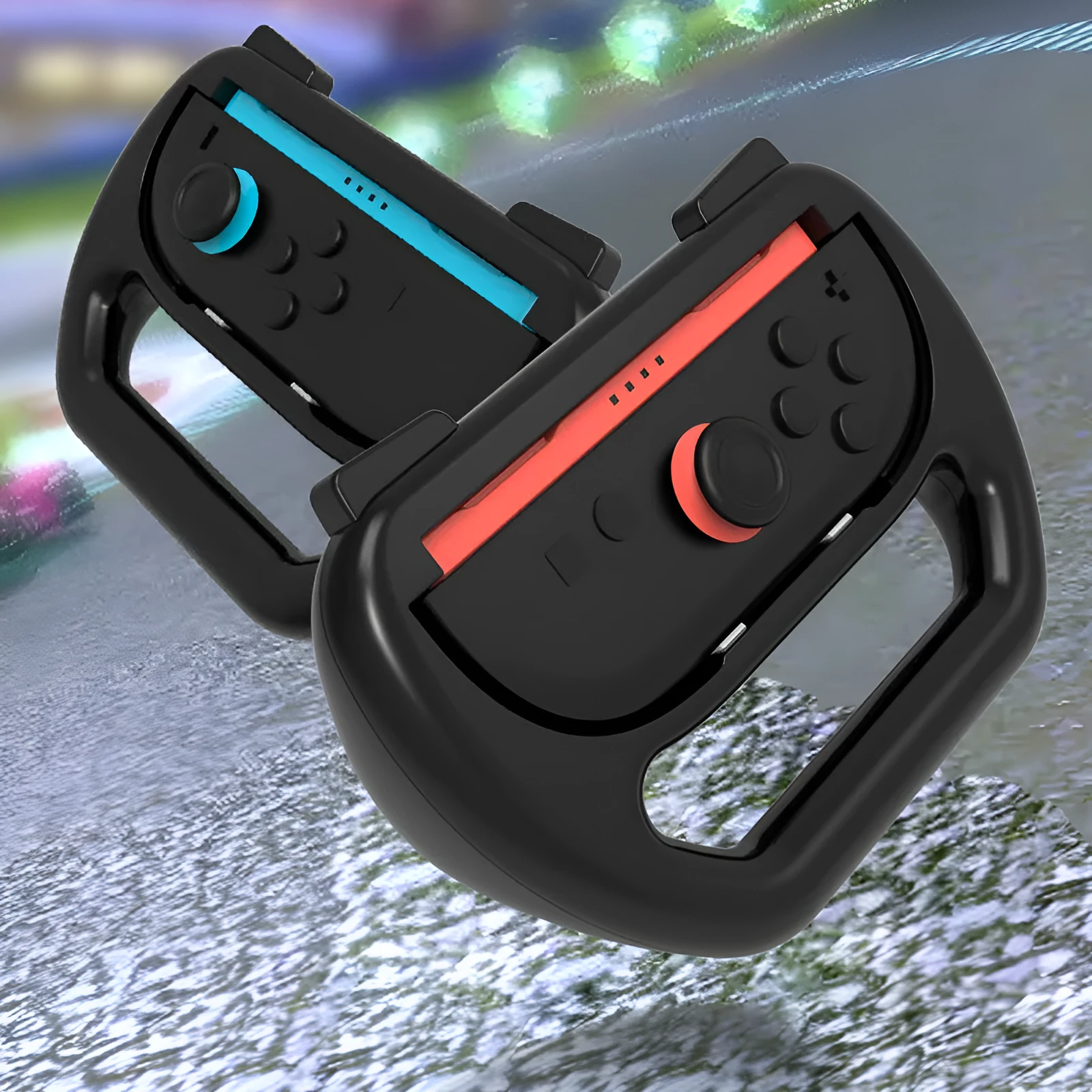 Pair of Switch2 controller grips in Black, Red and Blue, and White ABS plastic