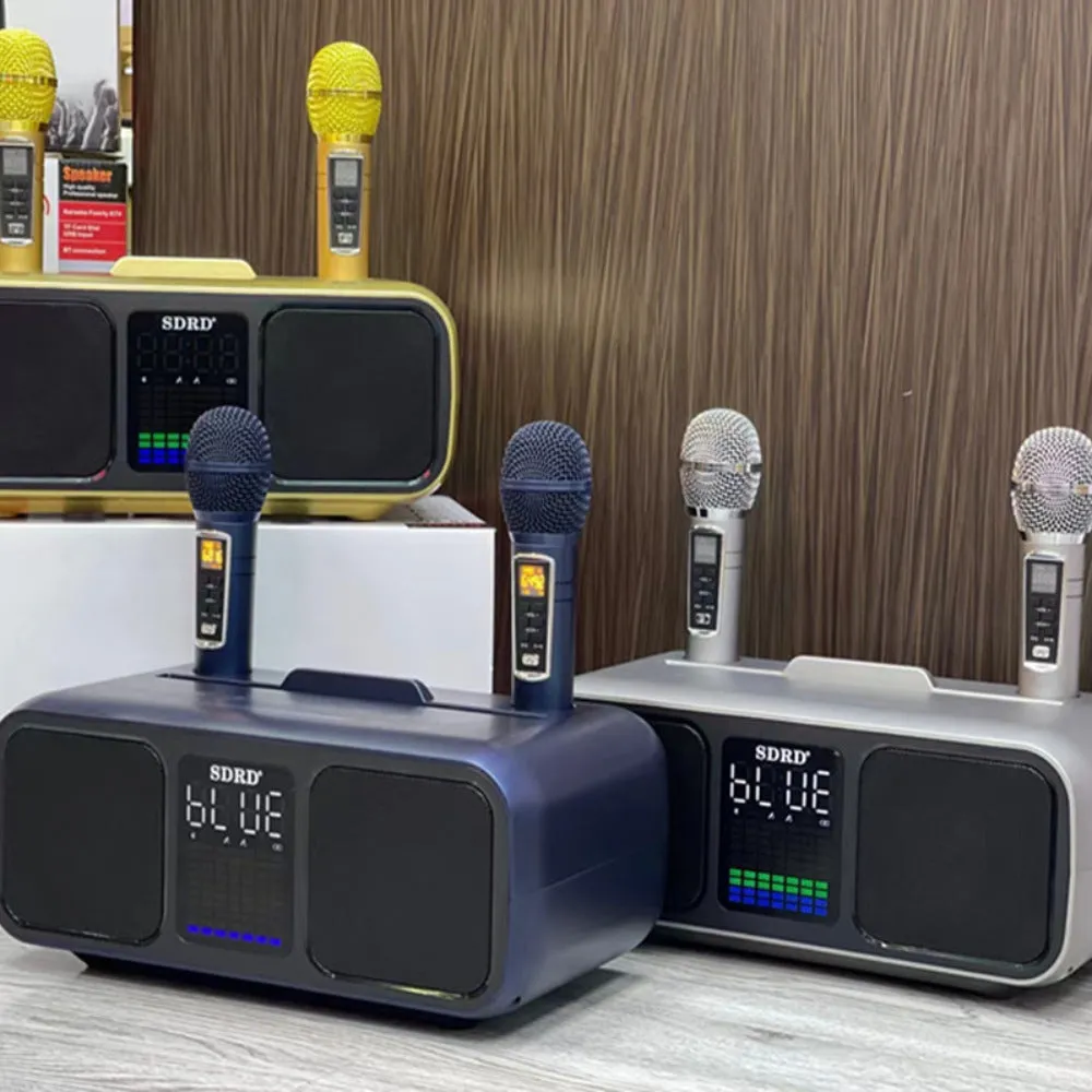 SD318 desktop Bluetooth speaker in grey with two wireless microphones USB powered 15W