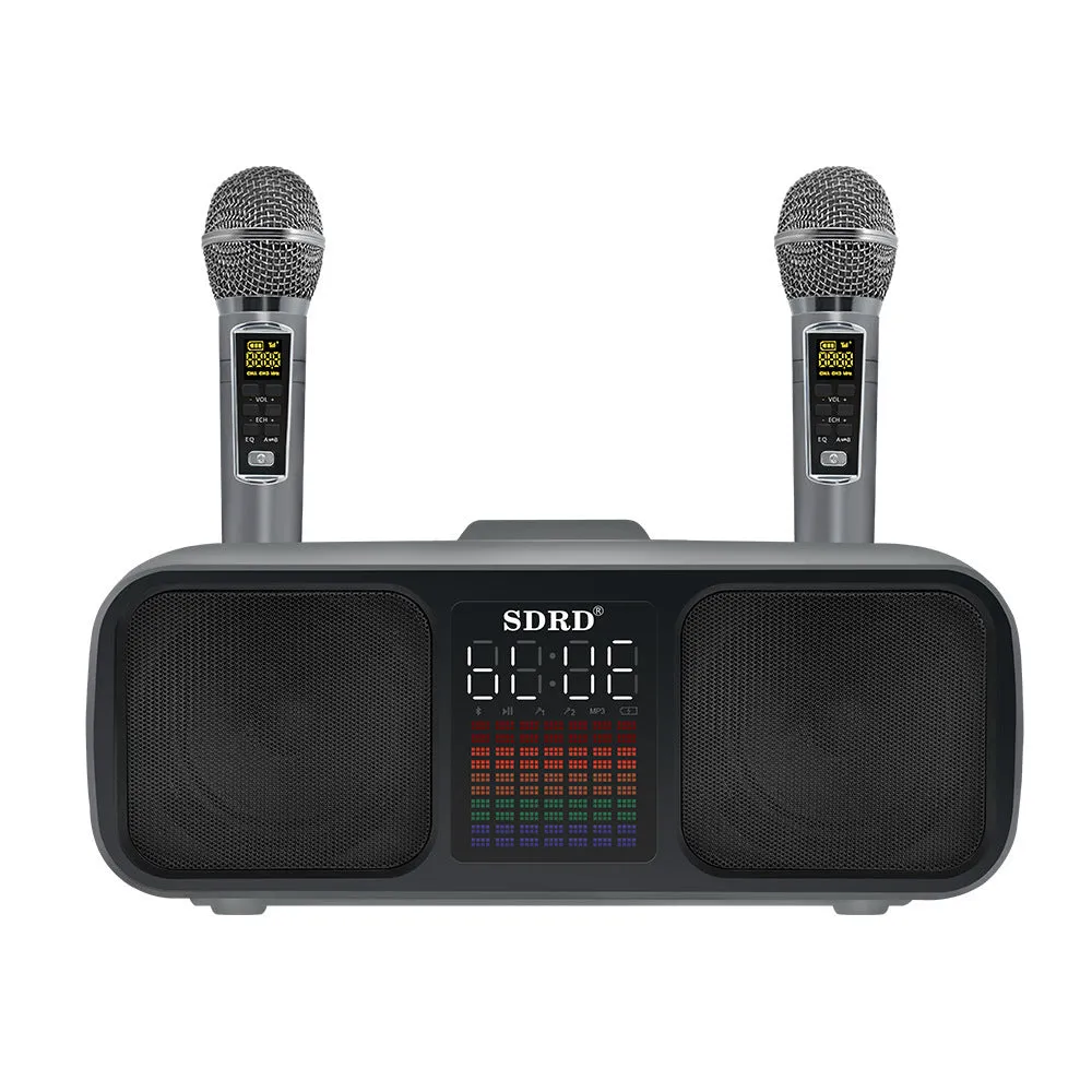 SD318 desktop Bluetooth speaker in grey with two wireless microphones USB powered 15W