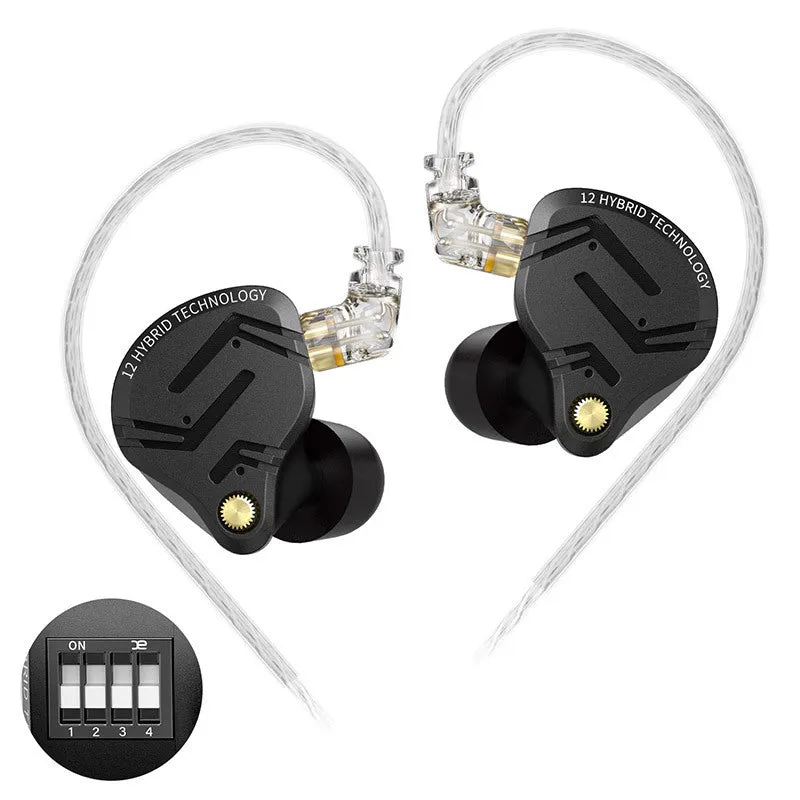 Black wired back-winding earphones with adjustable tone monitor and through-hole plug