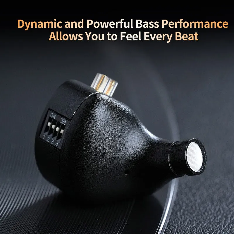 Black wired back-winding earphones with adjustable tone monitor and through-hole plug