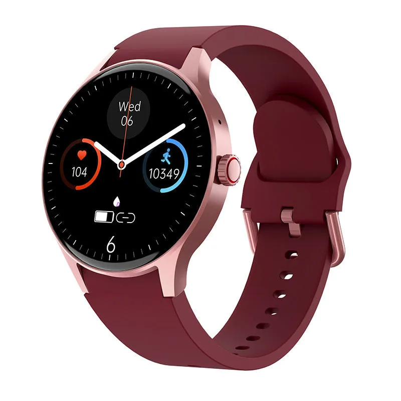 46mm smart watch with AMOLED screen showing health stats, available with silicone, leather, or steel bands.