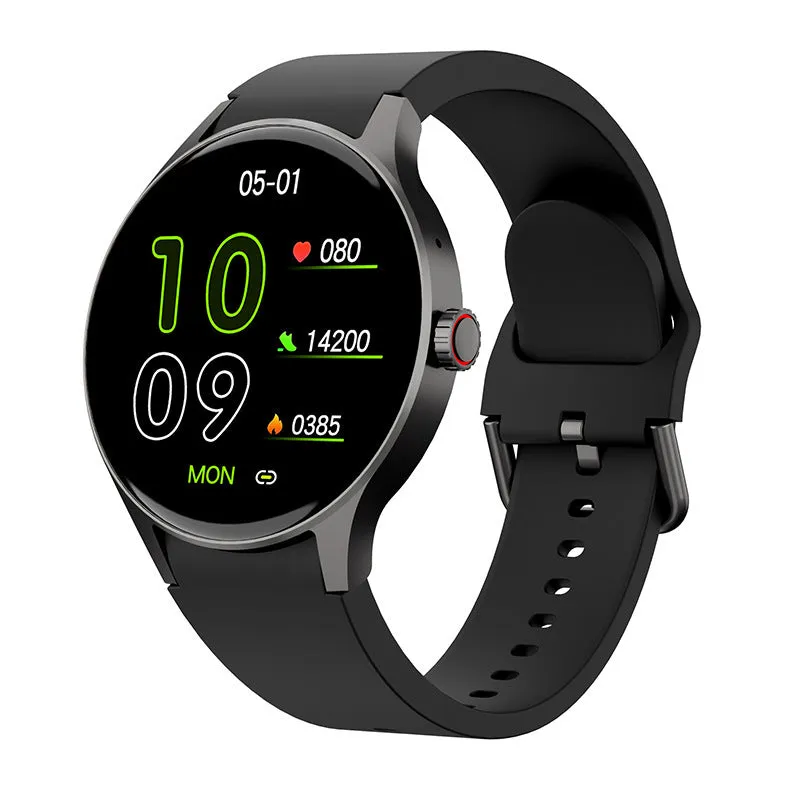 46mm smart watch with AMOLED screen showing health stats, available with silicone, leather, or steel bands.