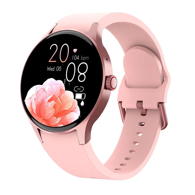 46mm smart watch with AMOLED screen showing health stats, available with silicone, leather, or steel bands.