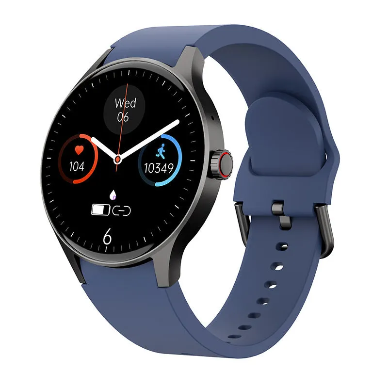 46mm smart watch with AMOLED screen showing health stats, available with silicone, leather, or steel bands.