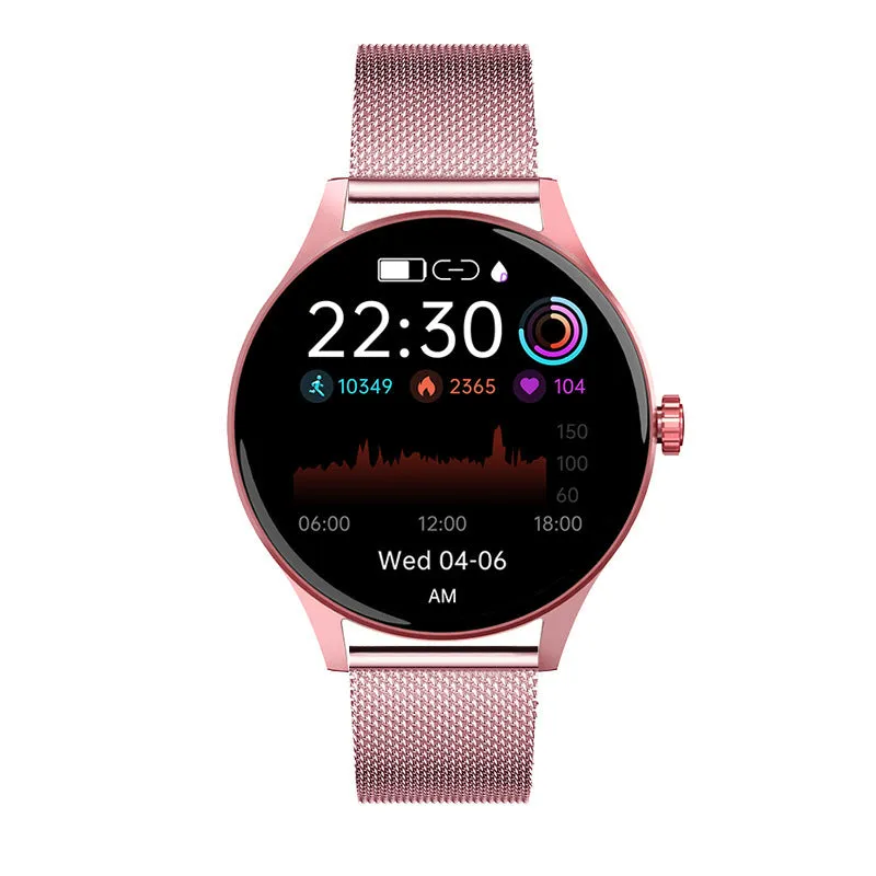 46mm smart watch with AMOLED screen showing health stats, available with silicone, leather, or steel bands.