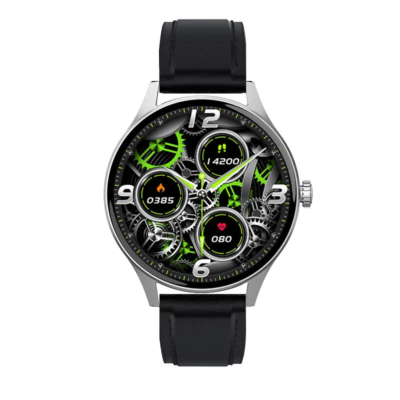 46mm smart watch with AMOLED screen showing health stats, available with silicone, leather, or steel bands.