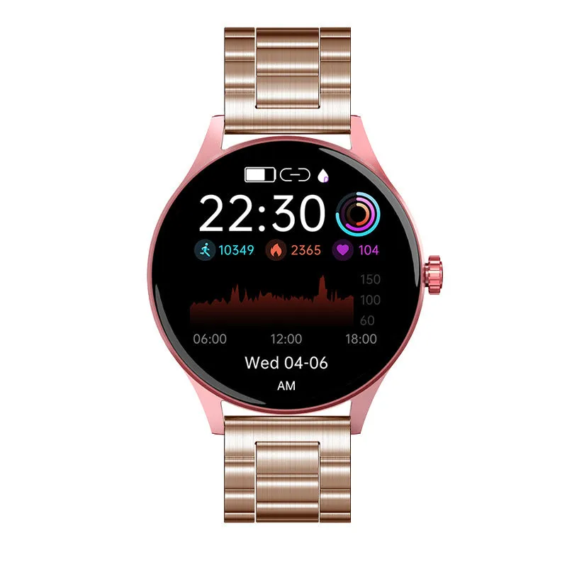 46mm smart watch with AMOLED screen showing health stats, available with silicone, leather, or steel bands.