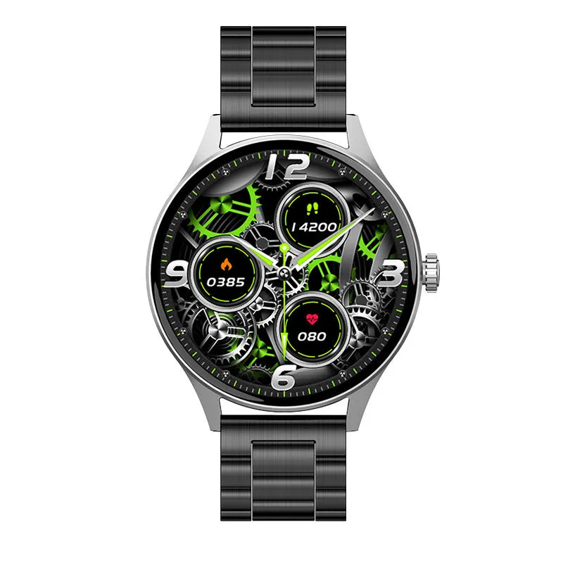 46mm smart watch with AMOLED screen showing health stats, available with silicone, leather, or steel bands.