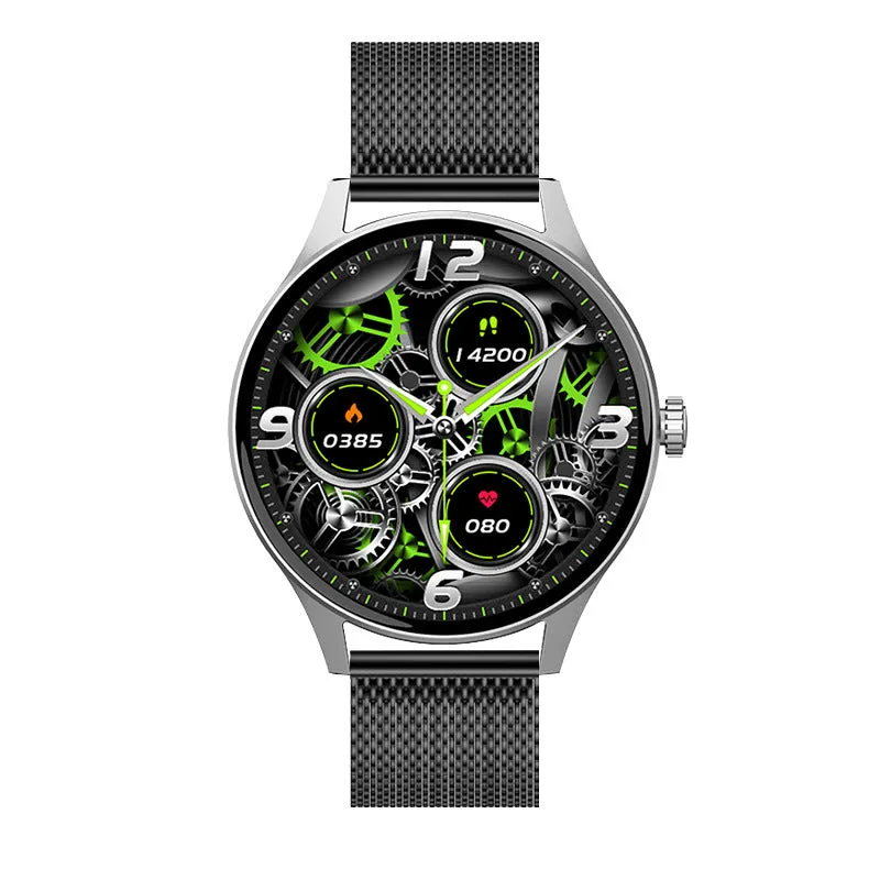 46mm smart watch with AMOLED screen showing health stats, available with silicone, leather, or steel bands.