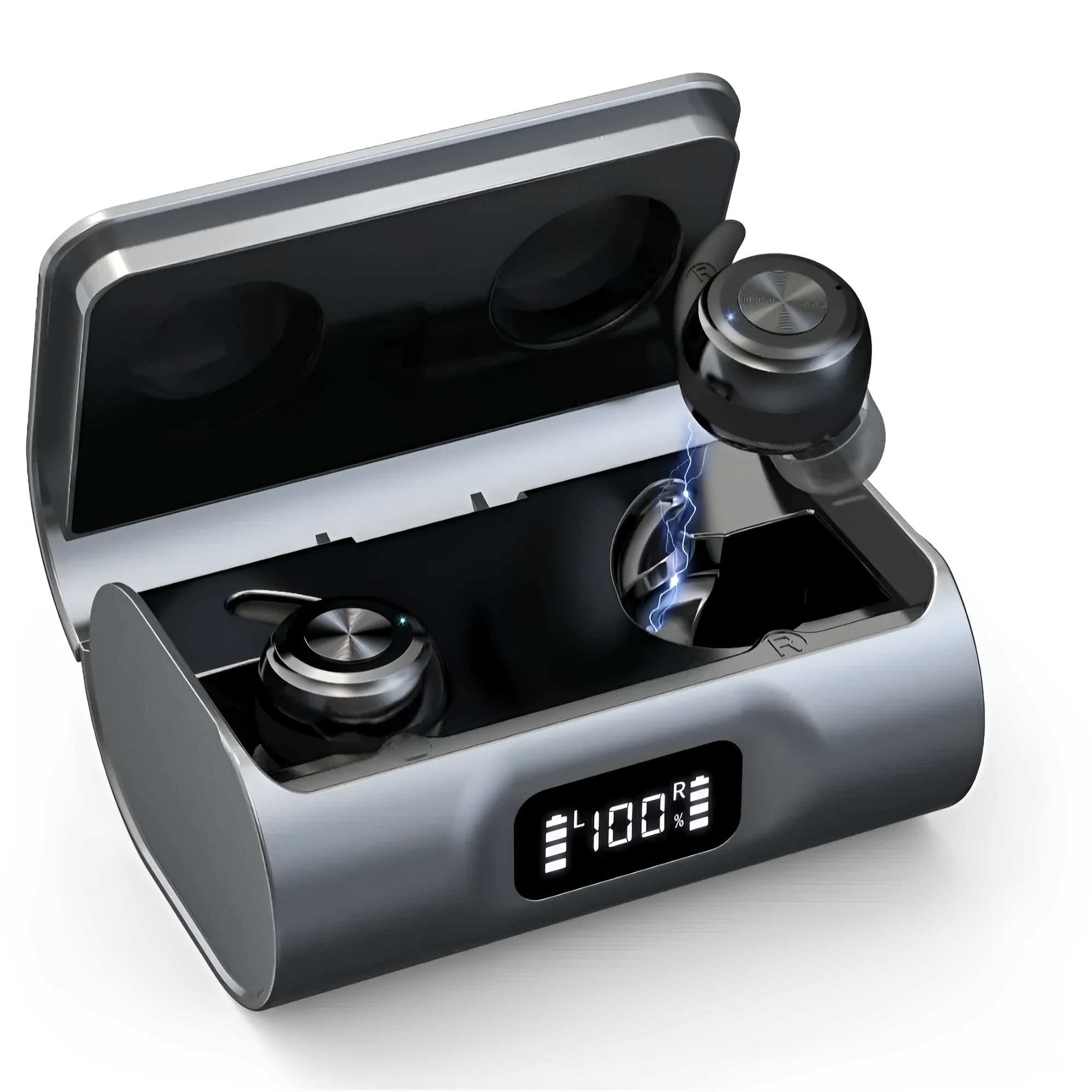 G-36 rechargeable Bluetooth hearing aid in black with ear hook, USB cable, and instruction manual