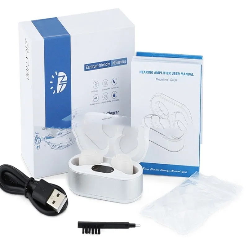 In-ear hearing aid with digital display and magnetic suction charging in black colour