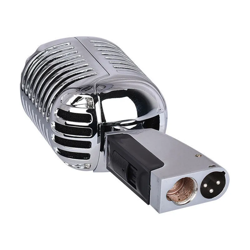 Retro black or silver metal wired microphone with cardioid pickup for stage and home use.