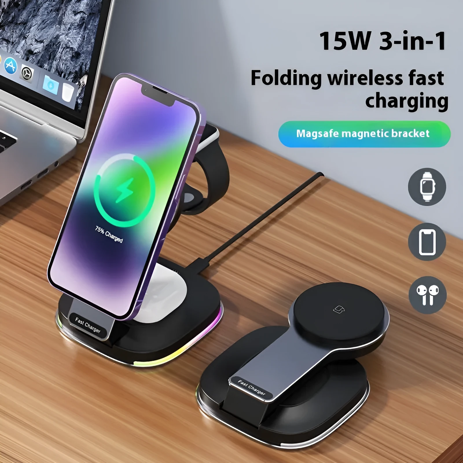 15W three-in-one wireless charger stand for phone, earbuds and watch in black aluminium finish
