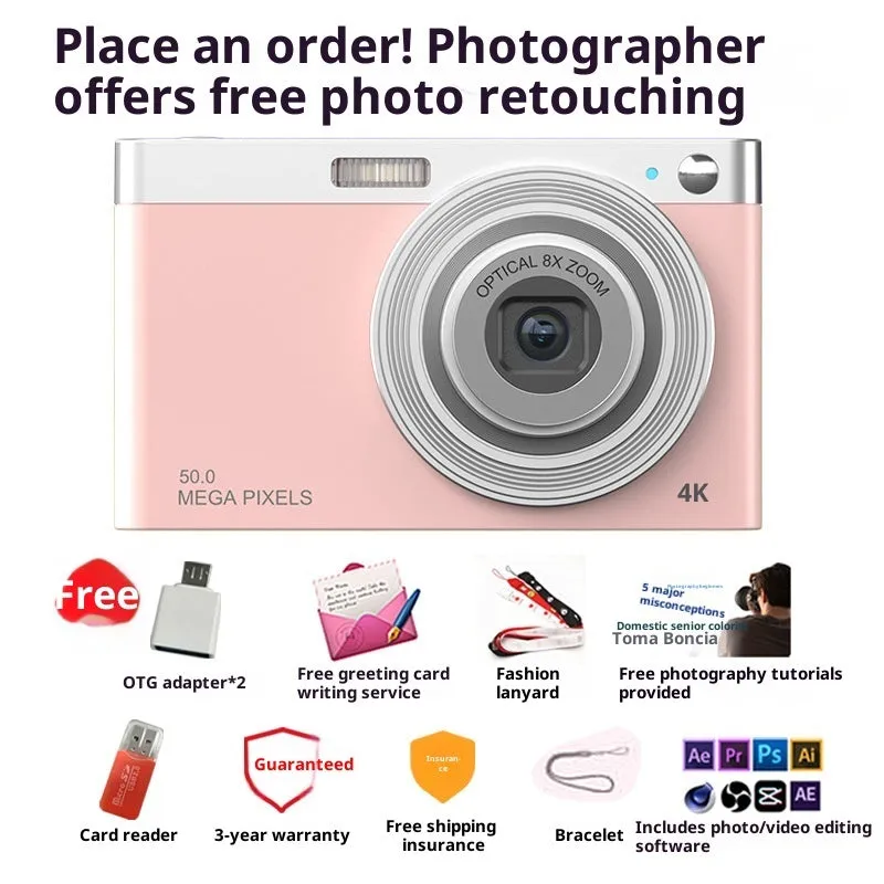 Student digital camera with retro design in three colours: Cherry Blossom Pink, Dark Night Black, Space White