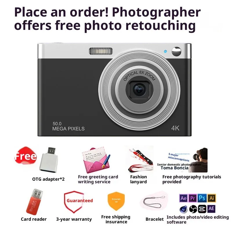 Student digital camera with retro design in three colours: Cherry Blossom Pink, Dark Night Black, Space White