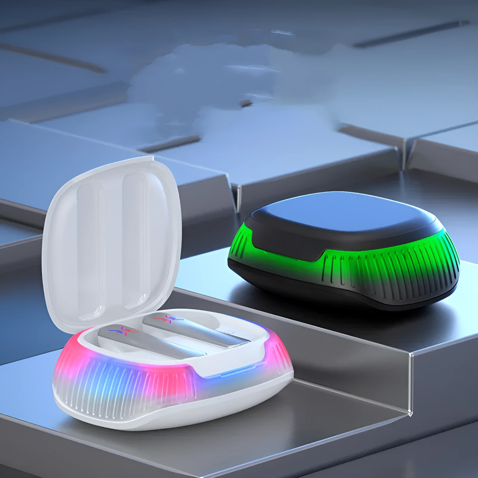 Hall Flashing wireless gaming earplug headset in black or white with USB Type-C charging cable.