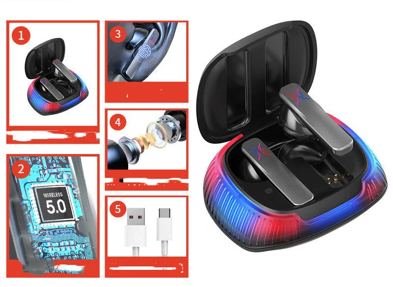 Hall Flashing wireless gaming earplug headset in black or white with USB Type-C charging cable.