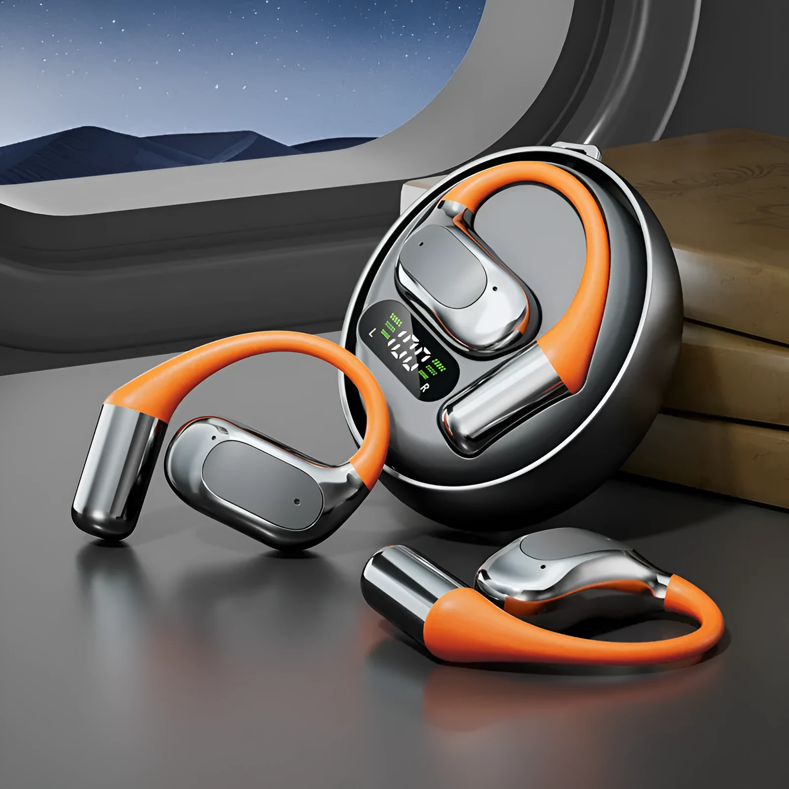 AI Translation Bluetooth Headset M113 in black non in-ear ear hook design with titanium alloy frame