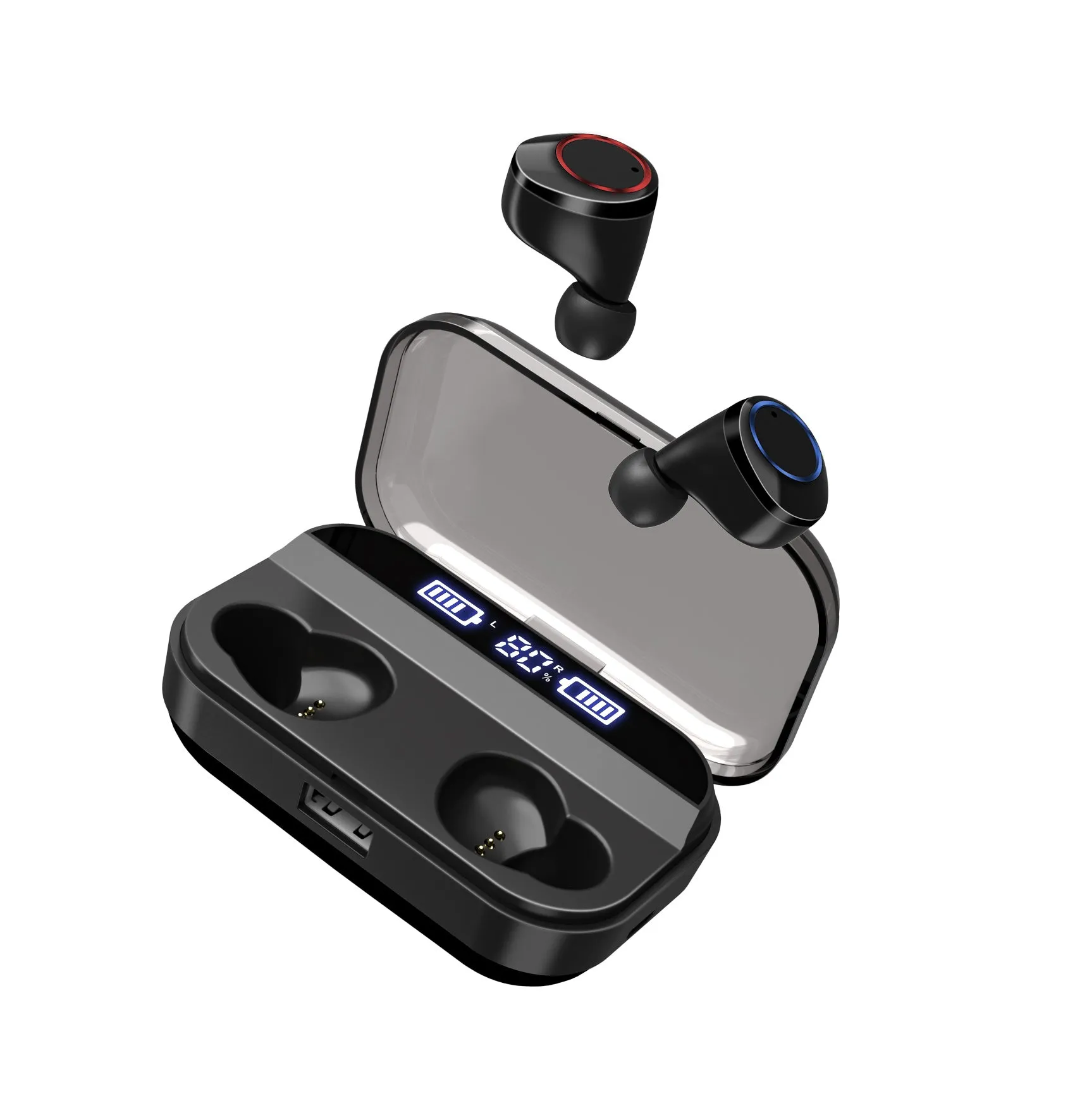 Black X11 Bluetooth wireless earbuds with a matching charging case and assorted silicone ear tips.