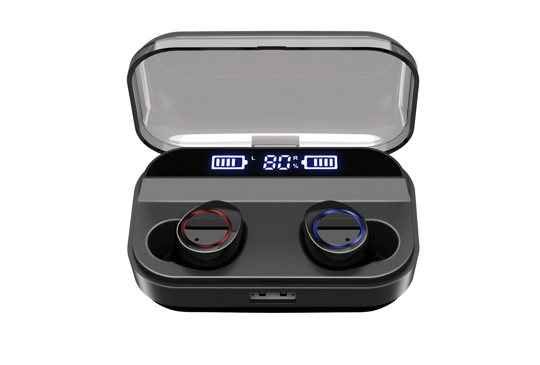 Black X11 Bluetooth wireless earbuds with a matching charging case and assorted silicone ear tips.