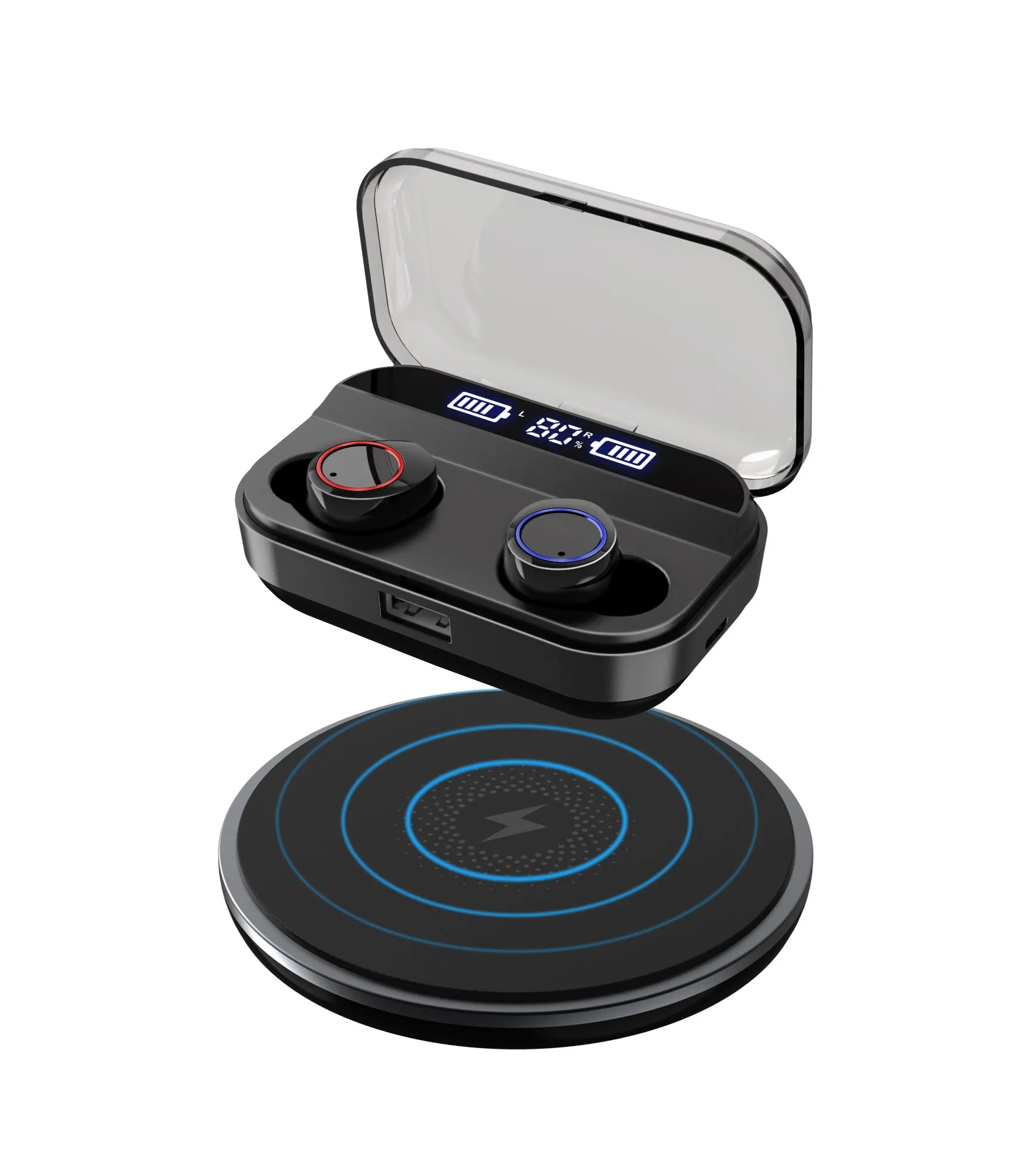 Black X11 Bluetooth wireless earbuds with a matching charging case and assorted silicone ear tips.