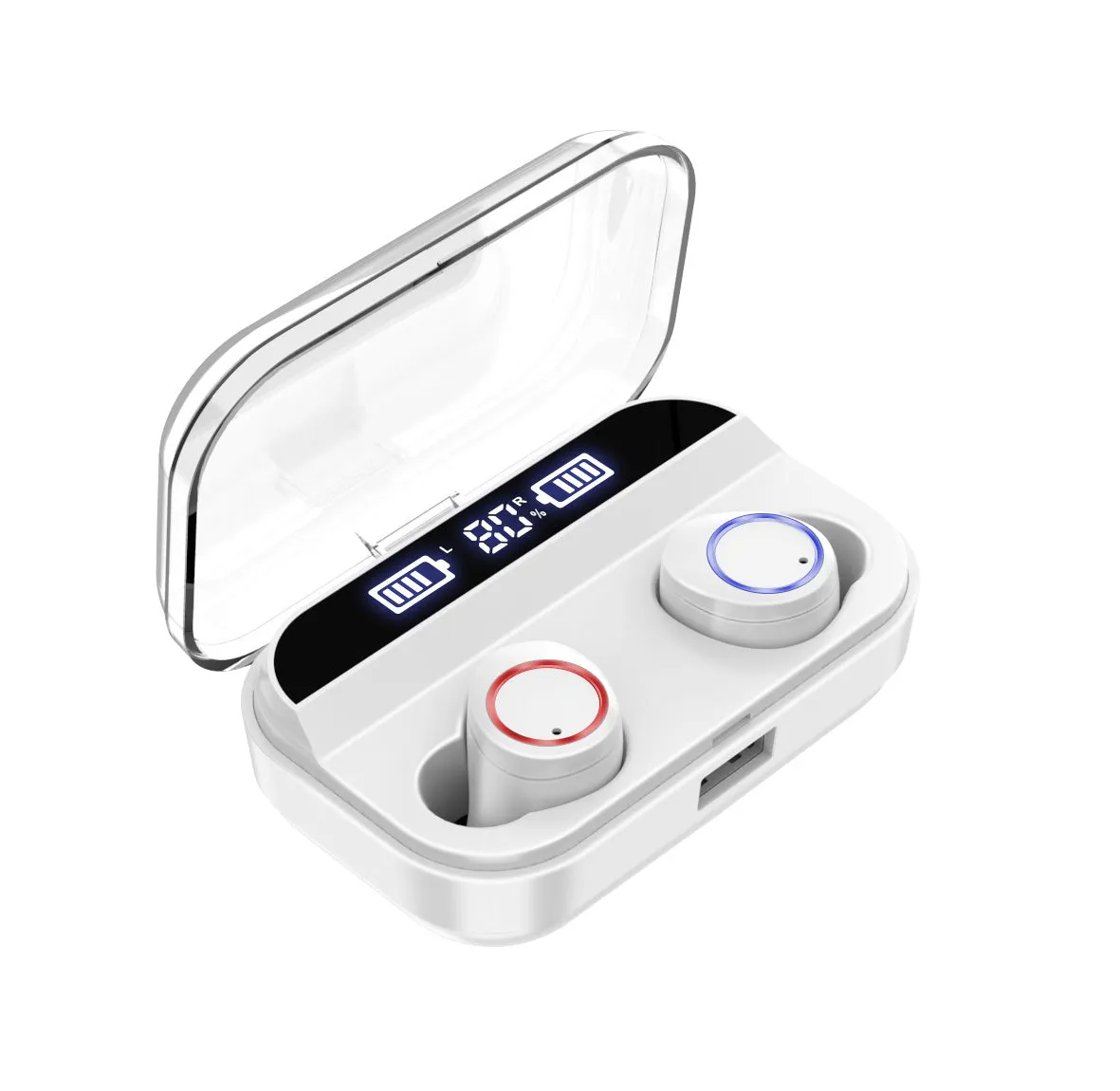 Black X11 Bluetooth wireless earbuds with a matching charging case and assorted silicone ear tips.