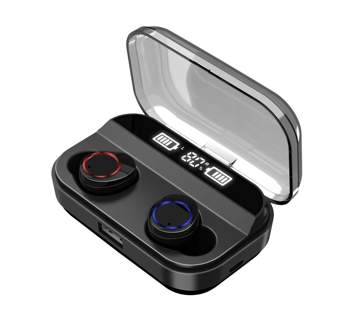 Black X11 Bluetooth wireless earbuds with a matching charging case and assorted silicone ear tips.