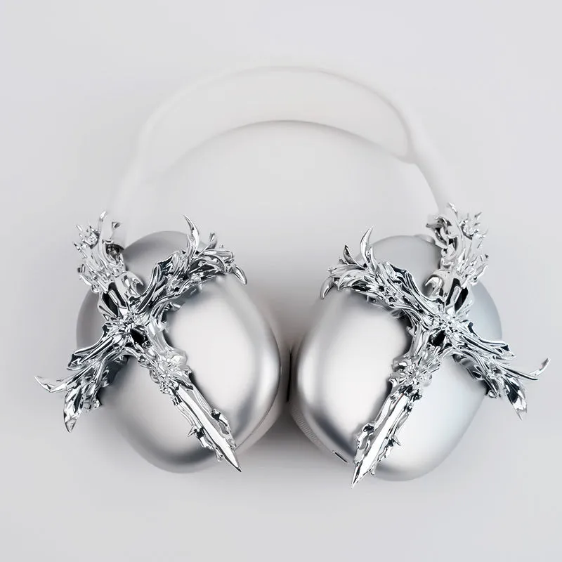 Gothic cross design resin headphone cover for Apple AirPods Max in silver metallic finish