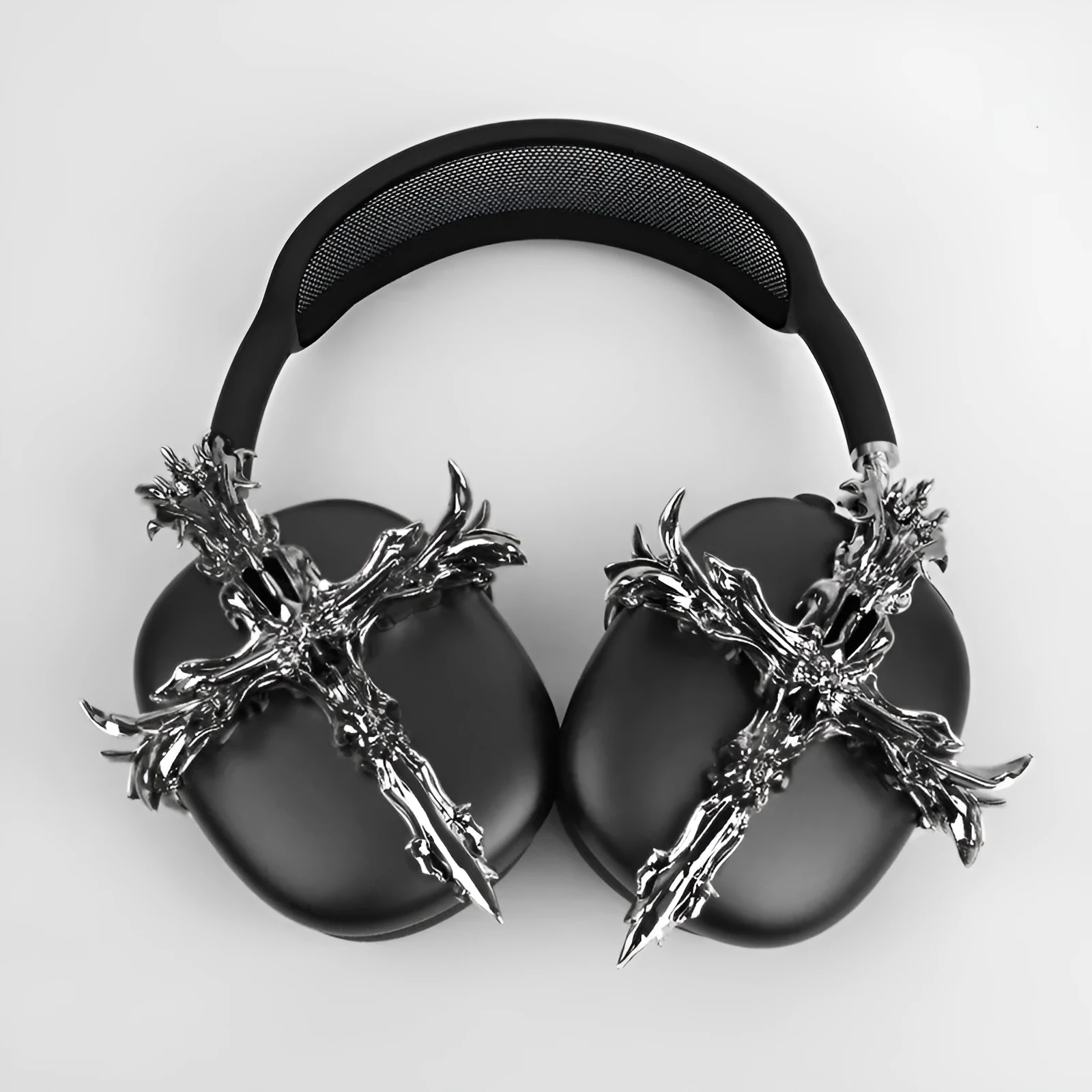 Gothic cross design resin headphone cover for Apple AirPods Max in silver metallic finish