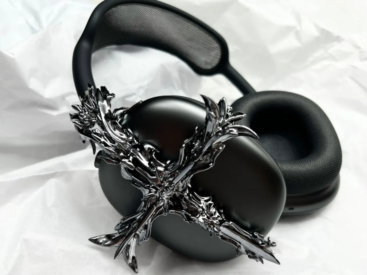 Gothic cross design resin headphone cover for Apple AirPods Max in silver metallic finish