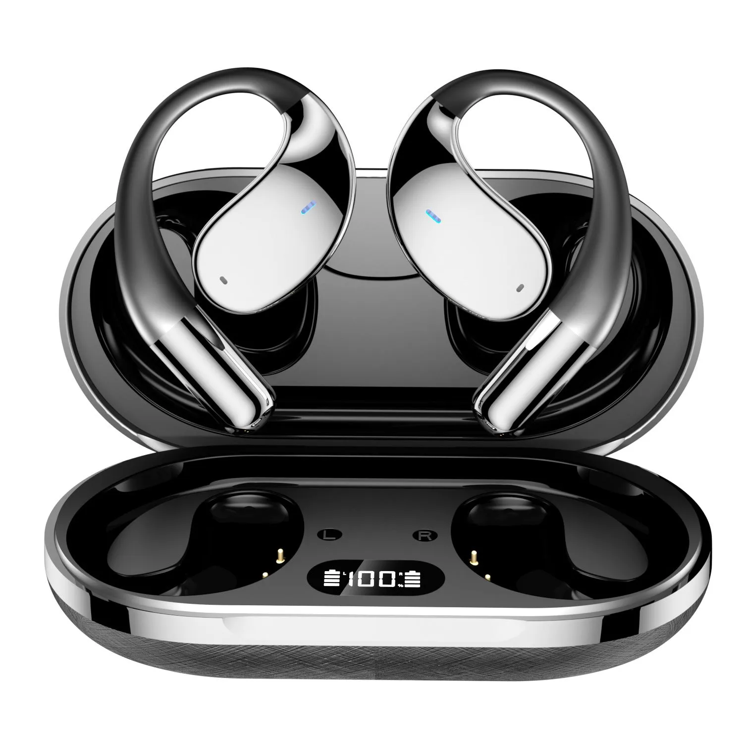 Black sports Bluetooth earphones with hanging ear design and digital display screen