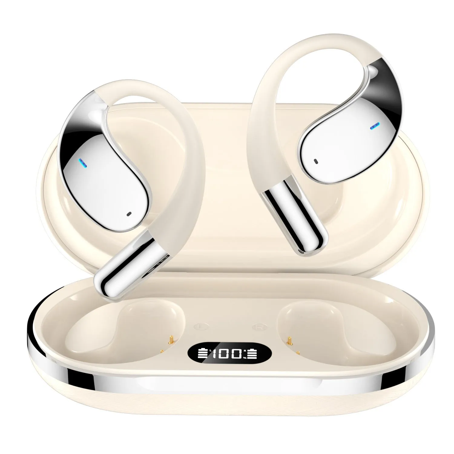 Black sports Bluetooth earphones with hanging ear design and digital display screen