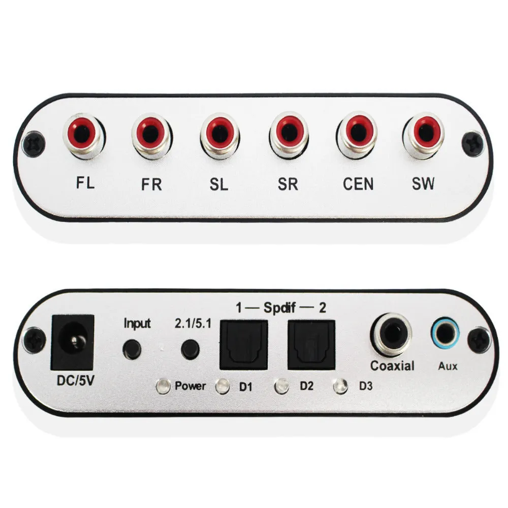 Black digital to analogue audio decoder with optical fibre, coaxial, and stereo inputs for 5.1 channel sound output