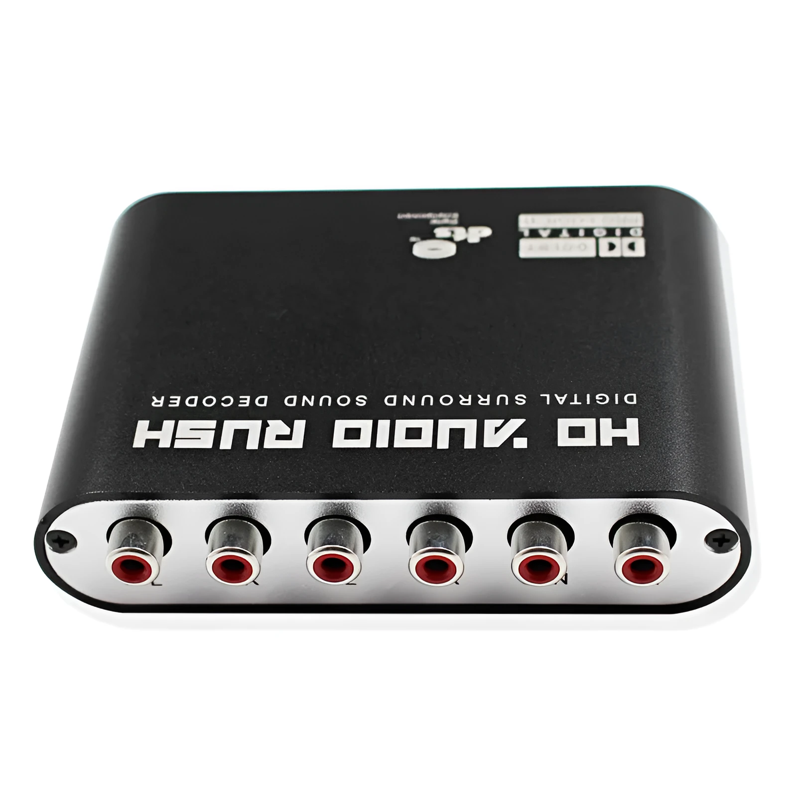 Black digital to analogue audio decoder with optical fibre, coaxial, and stereo inputs for 5.1 channel sound output