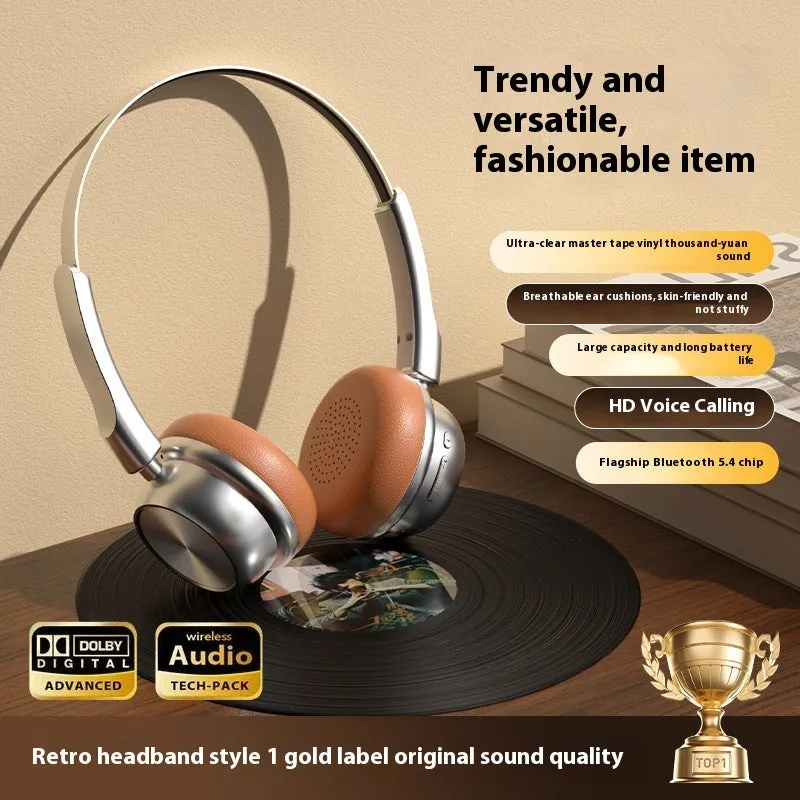 Retro metal Bluetooth headset in Silver Brown with over-ear design and 10-metre range
