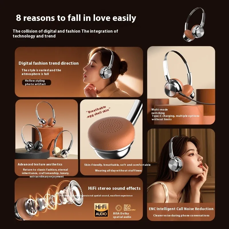 Retro metal Bluetooth headset in Silver Brown with over-ear design and 10-metre range