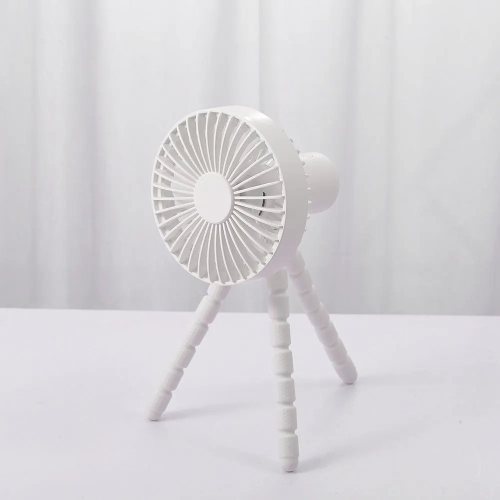 Adjustable tripod desktop fan with a bending head in black, shown in handheld and desktop positions.