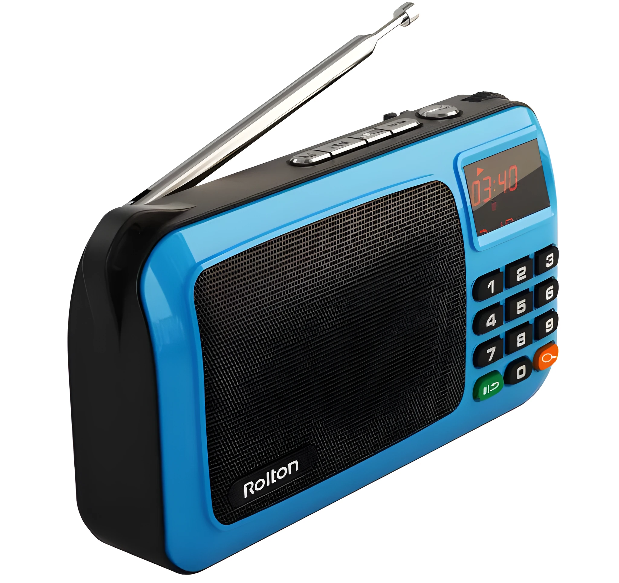 Rolton W405 portable FM radio and MP3 travel speaker in blue with LED display and strap