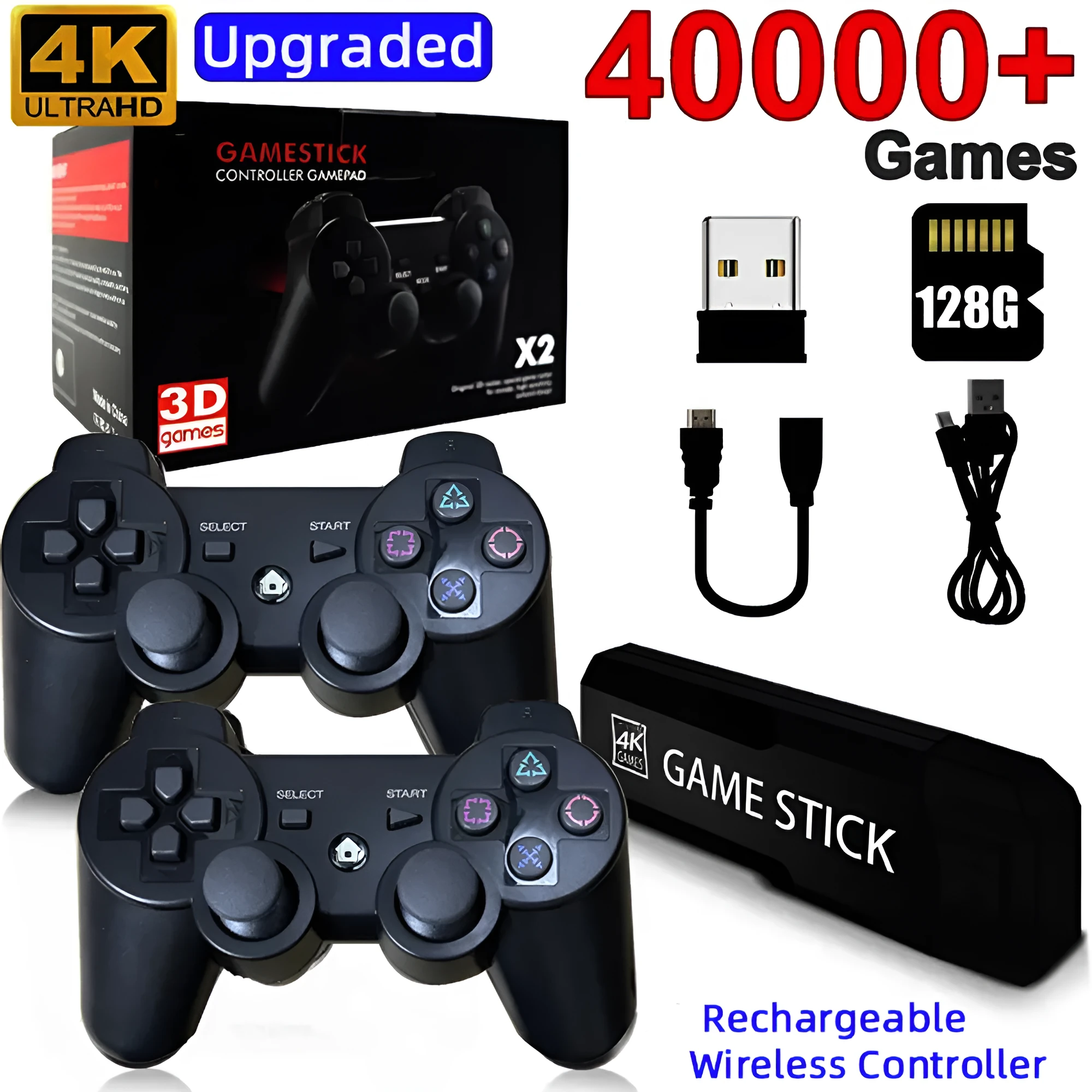 Retro TV game console with two rechargeable controllers, HDMI output, and ABS plastic build, 16 x 11.5 x 10.5 cm