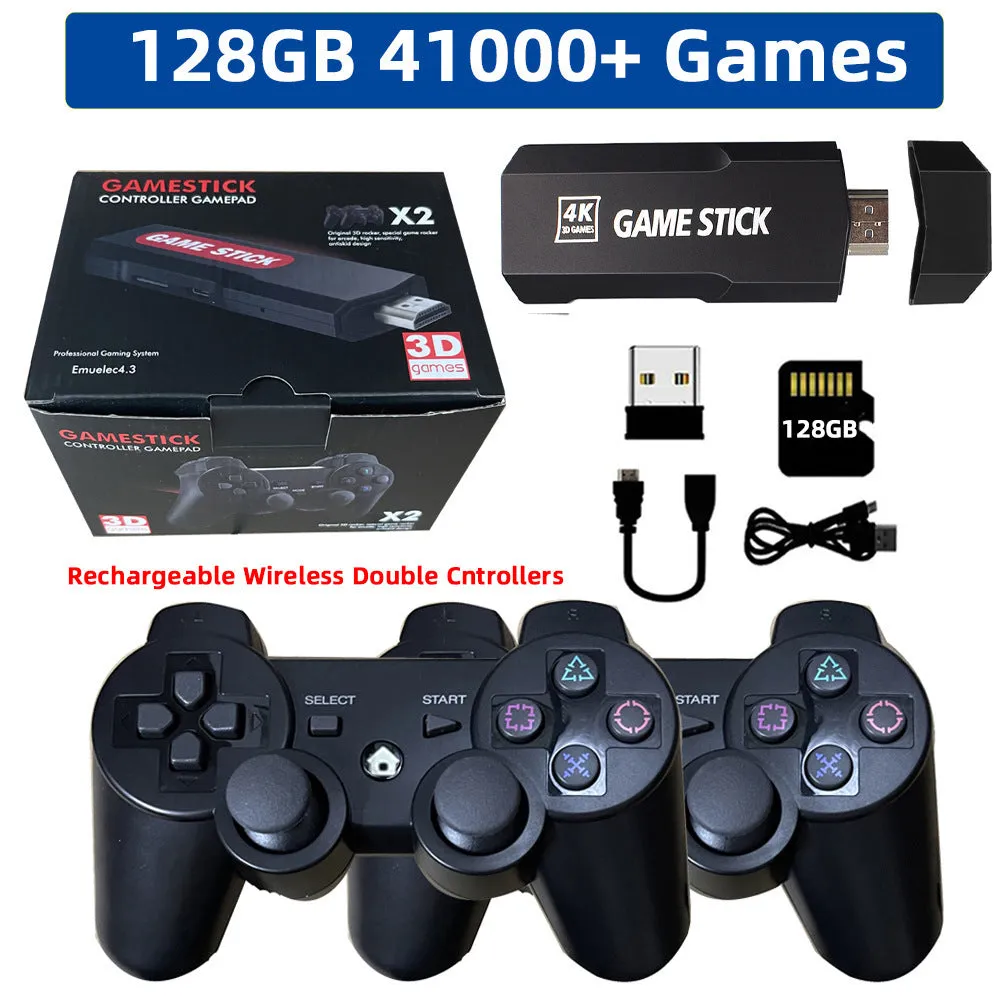 Retro TV game console with two rechargeable controllers, HDMI output, and ABS plastic build, 16 x 11.5 x 10.5 cm