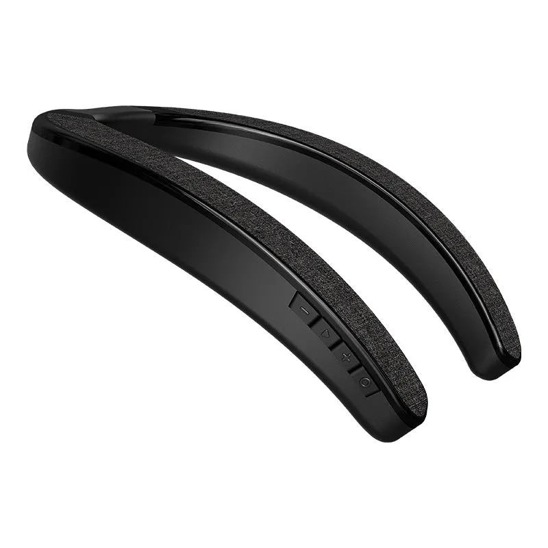 Neck-mounted stereo wireless Bluetooth speaker in black with USB charging port on a clean background.