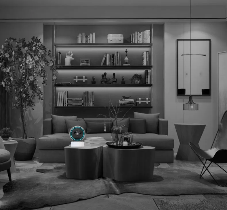 Indoor 360 degree wifi security camera with ABS housing showing rotation capability